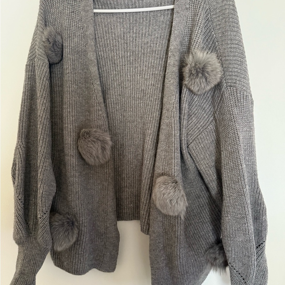 Gray Ribbed Knit Cardigan with Pom-Poms